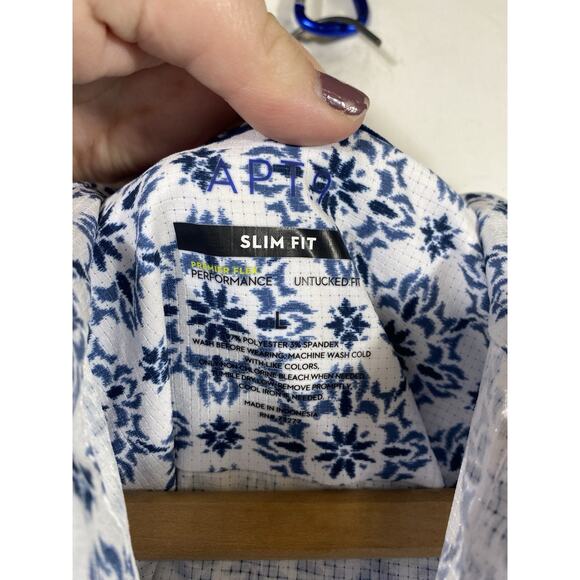 Apt 9 Premier Flex Slim Fit Shirt Button Up Size Large Mens White Blue Print NEW - Picture 9 of 12